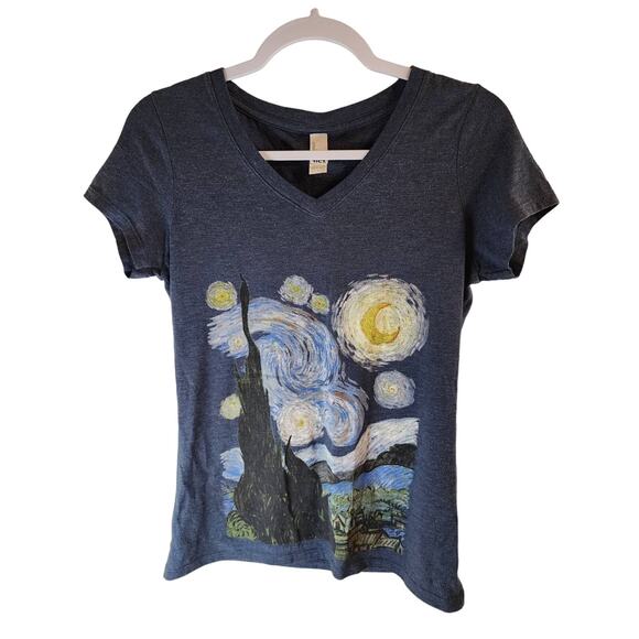 PERFECT TRI DISTRIC VNeck Vincent Van Gogh Starry Night Print TShirt Womens SZ S - Picture 1 of 7